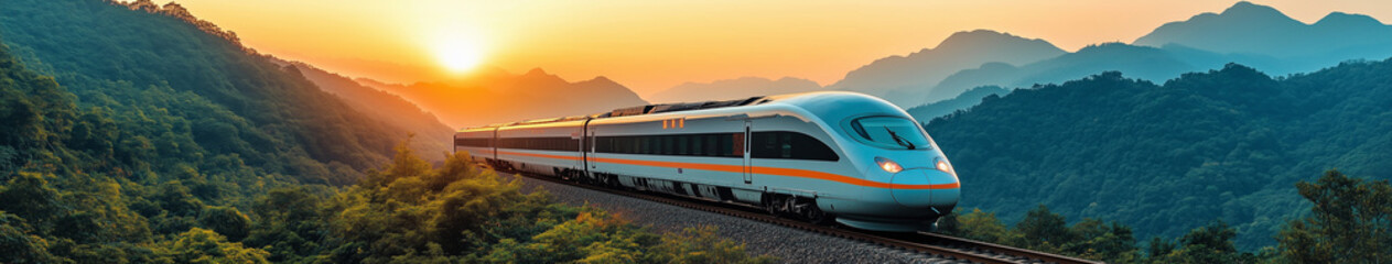 Fototapeta premium Modern Chinese high-speed train elegantly traveling through lush green mountains and clear blue skies, symbolizing eco-friendly travel and advanced infrastructure along sleek contemporary rail tracks.