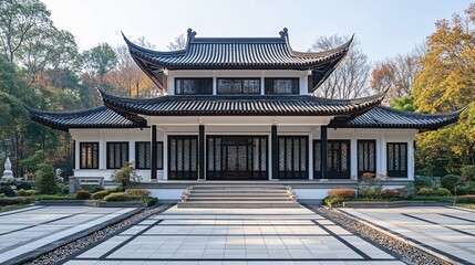 Obraz premium Traditional Chinese Anhui Hui-style Architecture with White Background, Platform, Roads, Parking Lots, and Brick Pavements for Car Advertisement Background