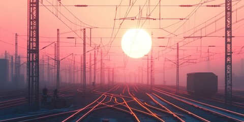 Fototapeta premium Sunlit railway tracks with electric poles in an industrial landscape, expertly shot for high-resolution detail.