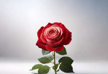 Naklejka premium A single, red and white rose stands tall with leaves against a gray background.