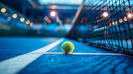 Paddle tennis and tennis net on a blue court, concept for tennis competition. Horizontal sport poster, greeting cards, headers, or website.