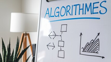 a whiteboard with the text "algorithmes" written in blue marker. There are also drawings of a flowchart and a graph