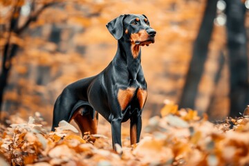 Doberman Pinscher adult dog, muscular with sleek black and tan coat, standing with confident and protective look