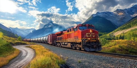 Freight train rumbling through a mountain pass, high-resolution image capturing rugged landscape and movement.