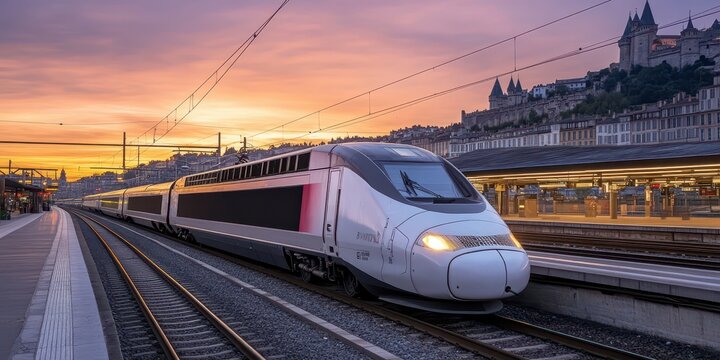 Train on tracks at Lyon Perrache Station at sunrise, capturing soft lighting with architectural background.