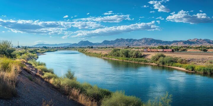 Train crossing the Colorado River in Yuma, AZ, capturing rail and river landscape.