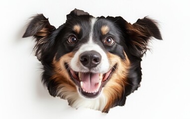 Fototapeta premium A close-up of a happy dog's face, featuring fluffy fur and a big smile, peeking through a ragged hole in a clean white background.