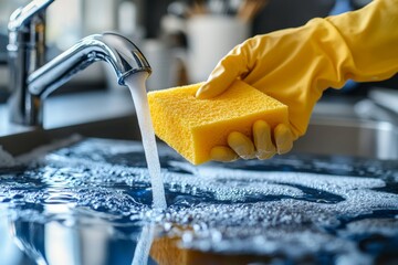 house maid cleaning sink in the kitchen with sponge and cleanser, Generative AI