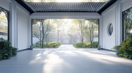 Obraz premium Traditional Chinese Anhui Hui-style Architecture with White Background, Platform, Roads, Parking Lots, and Brick Pavements for Car Advertisement Background