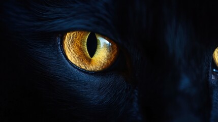Close-up of a black cat's piercing yellow eyes, staring intently.