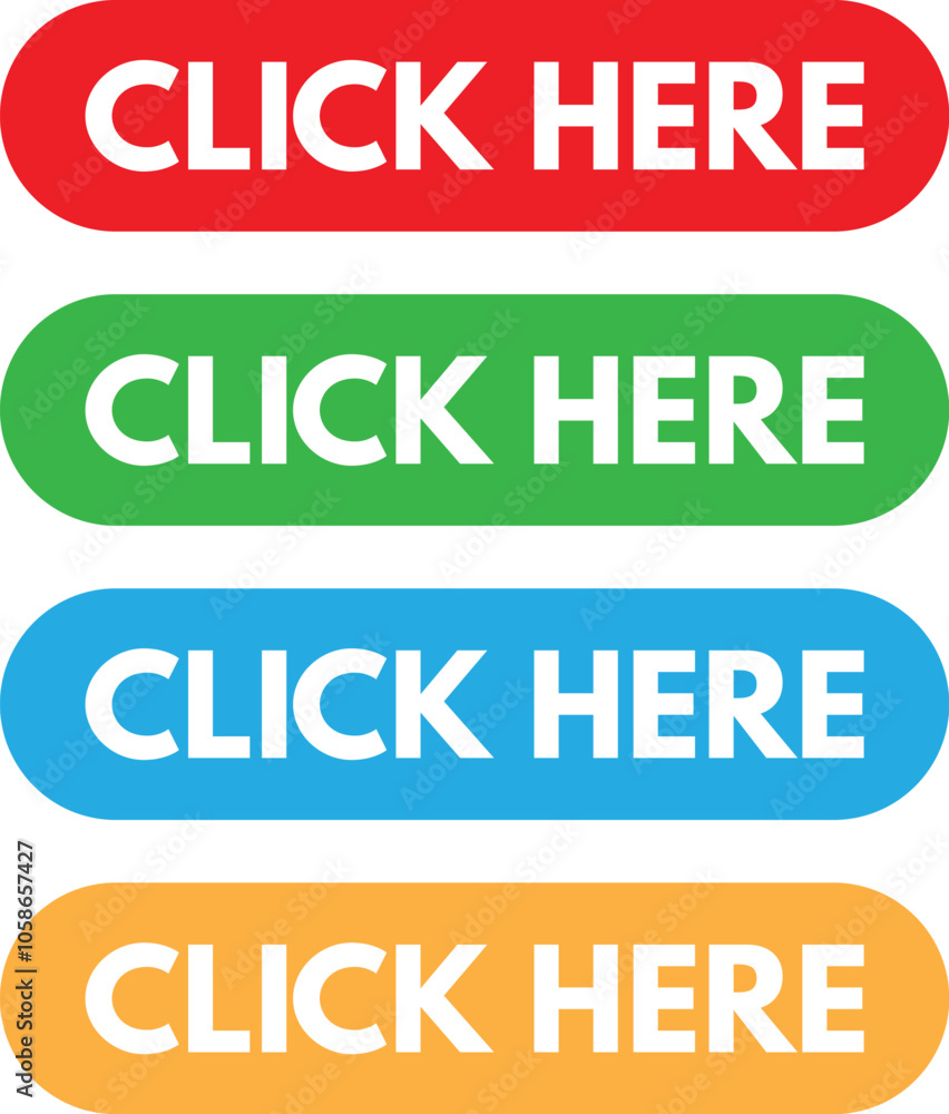 Poster click here buttons in 4 colors isolated on white background . click here web button set . vector