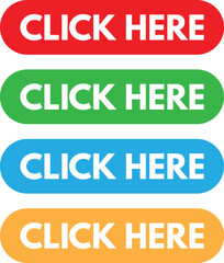 Click here buttons in 4 colors isolated on white background . Click here web button set . Vector