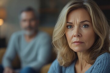 Sad mature woman sitting away from her husband after having quarrel, Generative AI