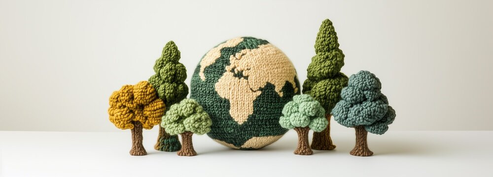 Handmade Crochet Globe with Yarn Trees - Nature-Inspired Eco Art and Sustainable Decor