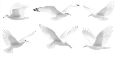 Set of seagulls in flight, isolated on white background, ideal for design use.