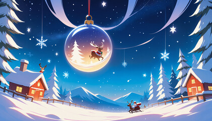 Santa Claus in Sleigh, Decorated Winter Trees