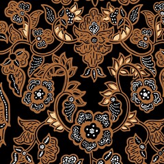 Brown Floral Batik Pattern on Black Background