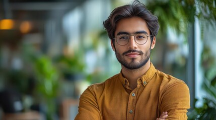 Obraz premium confident young indian man in a modern office setting, wearing glasses and a brown shirt, with his arms crossed, exuding professionalism and self-assurance