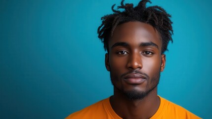 Obraz premium confused african american man wearing an orange top, captured against a blue backdrop, evoking a sense of curiosity and introspection, with space for personal interpretation