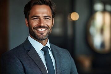Confident Businessman in Suit, Smiling and Looking at Camera