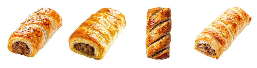 A collection of golden, flaky sausage rolls isolated on a transparent background, ideal for British cuisine concepts and holiday feasts