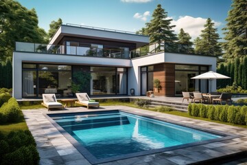 Modern house with a pool and patio.