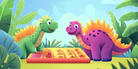 Naklejka premium Dinosaur-themed math activity for kids, a fun, colorful vector illustration.