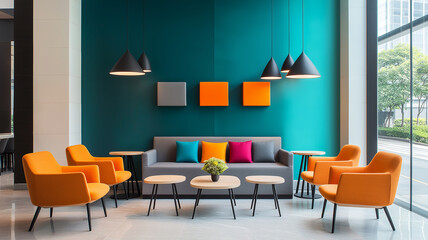 modern lounge area with vibrant orange chairs, gray sofa, and colorful cushions, enhanced by geometric wall art and pendant lighting, creating lively and inviting atmosphere