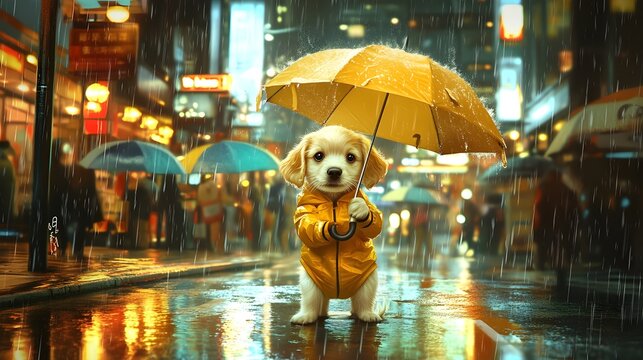 Dog in rain, Golden Retriever puppy wearing a raincoat, umbrella cityscape background, funny pet animal with costume greeting card wallpaper