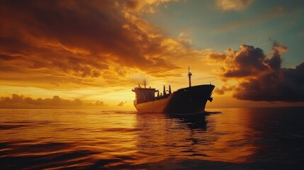 Fototapeta premium A cargo ship sails across the ocean at sunset, with dramatic clouds reflecting in the water.