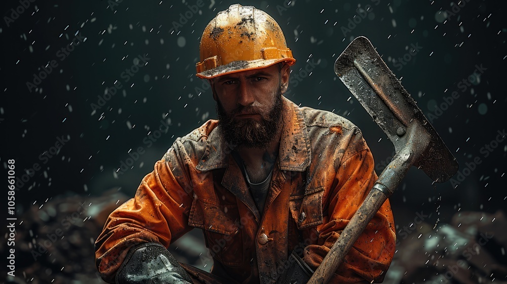 Aufkleber construction and mining concept. worker with brutal image wears dirty helmet and holds shovel. man w