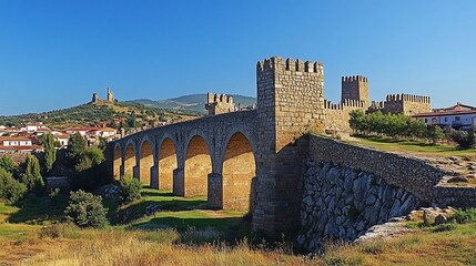 Fototapeta premium Ancient stone bridge and fortified city walls with a tower in the background on a sunny day.