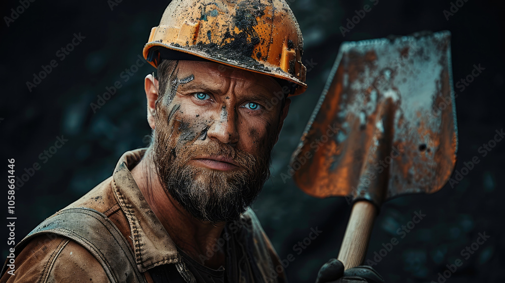 Poster Construction and mining concept. Worker with brutal image wears dirty helmet and holds shovel. Man with strict face isolated on black background. Builder or miner.