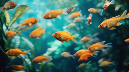 Fototapeta premium A vibrant underwater scene featuring a school of orange fish swimming among aquatic plants.