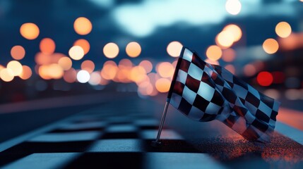 A checkered flag waves in the wind at the finish line of a race track with city lights in the background.