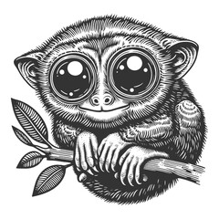 Obraz premium tarsier animal face with large eyes, showcasing its distinct features and fur texture sketch engraving generative ai vector illustration. Scratch board imitation. Black and white image.