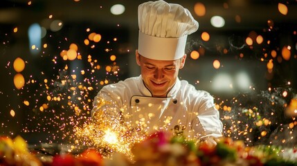 A chef in a white uniform is cooking with a torch, sparks flying.