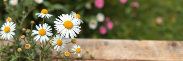 Bouquet of camomile flowers on rustic wooden table in lush green nature setting, camomile, garden, outdoors