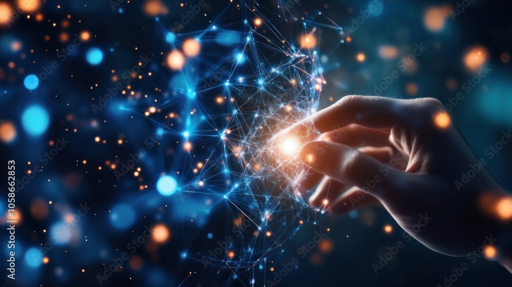 Wall mural a hand reaching out to touch a glowing network of interconnected points, representing a concept of d