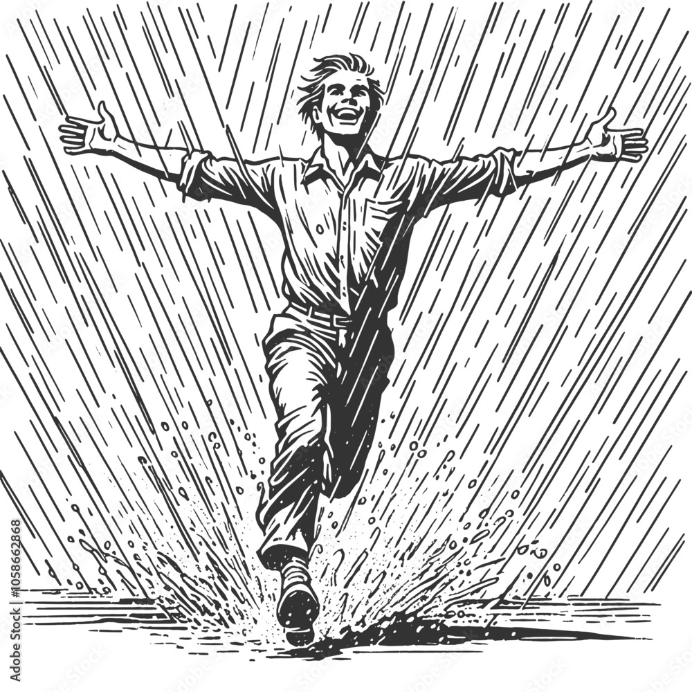 Poster man in suit running joyfully through the rain, expressing freedom and happiness in an engraved style