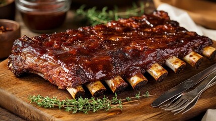 Savory spare ribs garnished with fresh thyme and served with utensils.