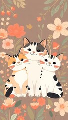 Trio of Cats with Botanical Elements 