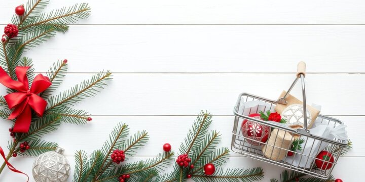 Christmas-themed flat lay featuring a shopping basket filled with silver jewelry, fir branches, and a garland on a white wooden background, with copy space, bokke, minimalistic, flat lay