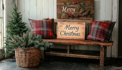 A rustic Christmas entryway with a wooden bench, plaid pillows, a woven basket filled with pine branches, and a handmade wooden sign reading "Merry Christmas."
