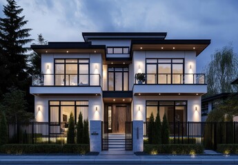 Obraz premium A contemporary two-story luxury home with white walls, wooden accents, and glass windows, set against the backdrop of an urban street