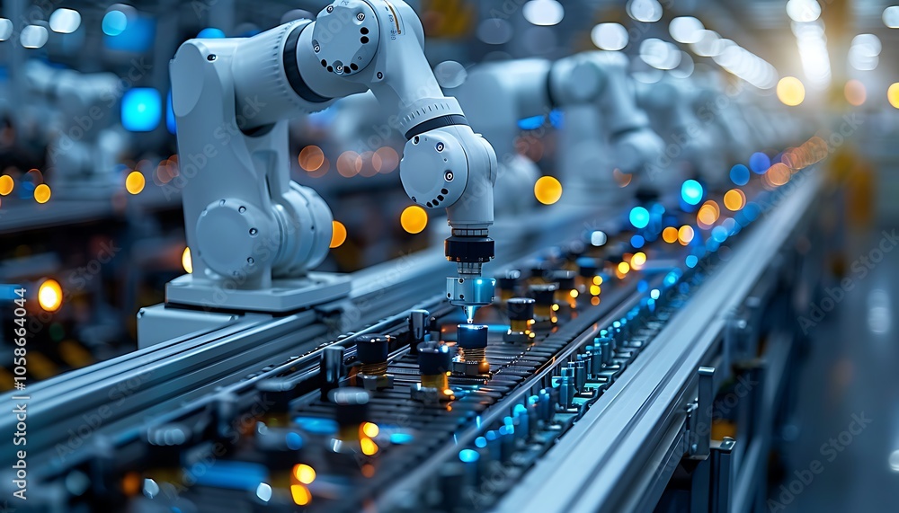 Poster a robotic arm is working on a production line, surrounded by glowing lights in a modern facility, sh