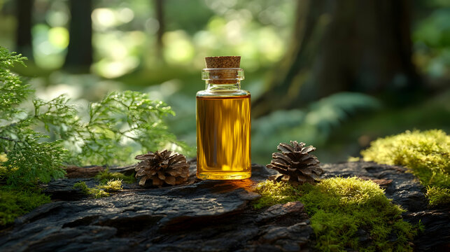 Photo of Essential Oil Bottle on Mossy Log with Pine Cones