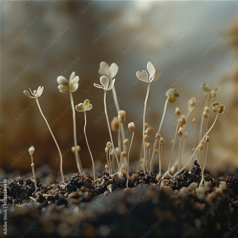 Poster close-up of small seeds in soil, sprouting delicate roots and leaves, symbolizing thoughts growing i
