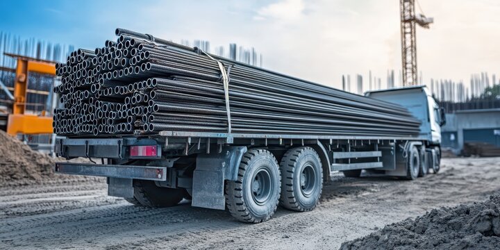 Transport truck loaded with steel rebars, set against a busy construction site background.