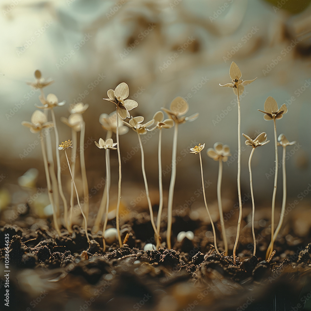 Poster close-up of small seeds in soil, sprouting delicate roots and leaves, symbolizing thoughts growing i